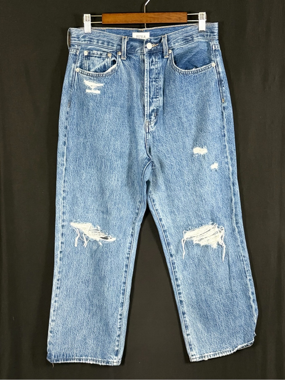 pistola Cassie Super High Rise straight Cropped Distressed Blue Button Fly